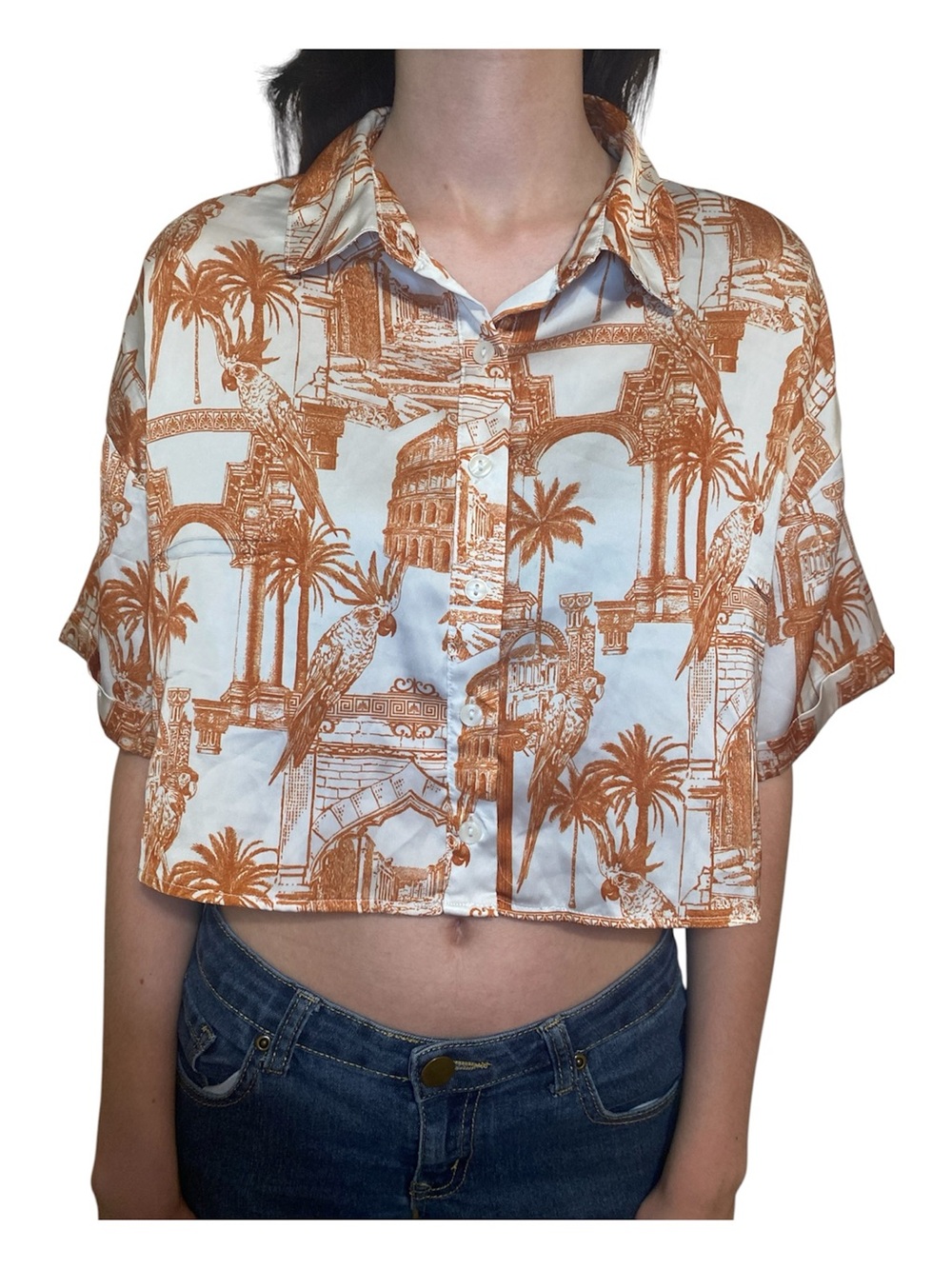 Forever 21 oversized Cream & Burnt Orange satin Cropped Button-Up Top size small